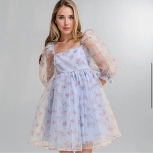 Soft Blue Floral Organza Babydoll Mini Dress